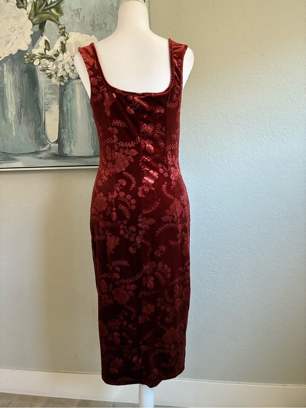 Emery Rose Rust Red Floral Velvet Midi Dress Size Medium - Picture 4 of 7